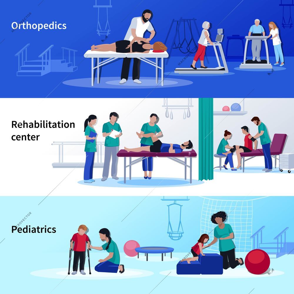Rehabilitation medical center 3 flat horizontal banners set with orthopedic and pediatric physiotherapy sessions isolated vector illustration