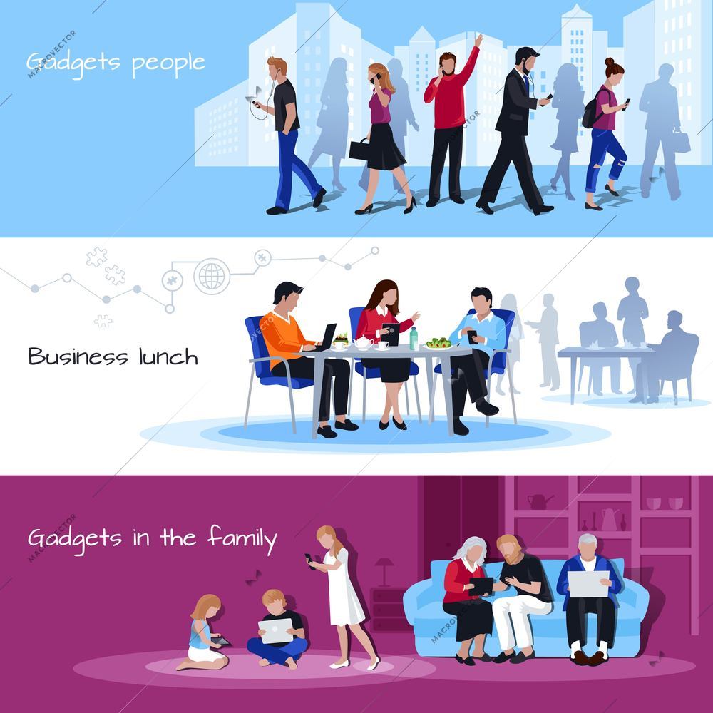 Gadgets in office during business lunch and home  3 flat horizontal banners poster isolated vector illustration