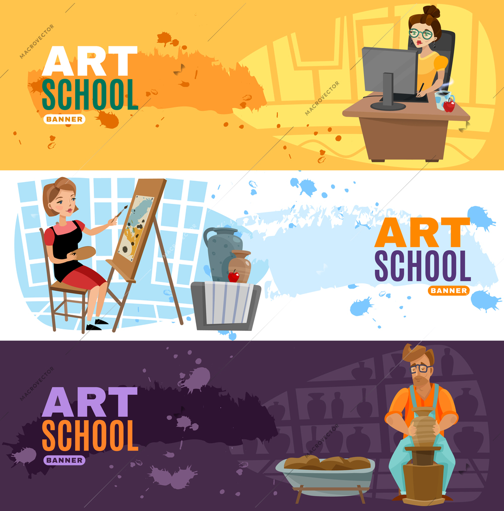 Three online art school horizontal banners set with cartoon designer painter and sculptor characters vector illustration