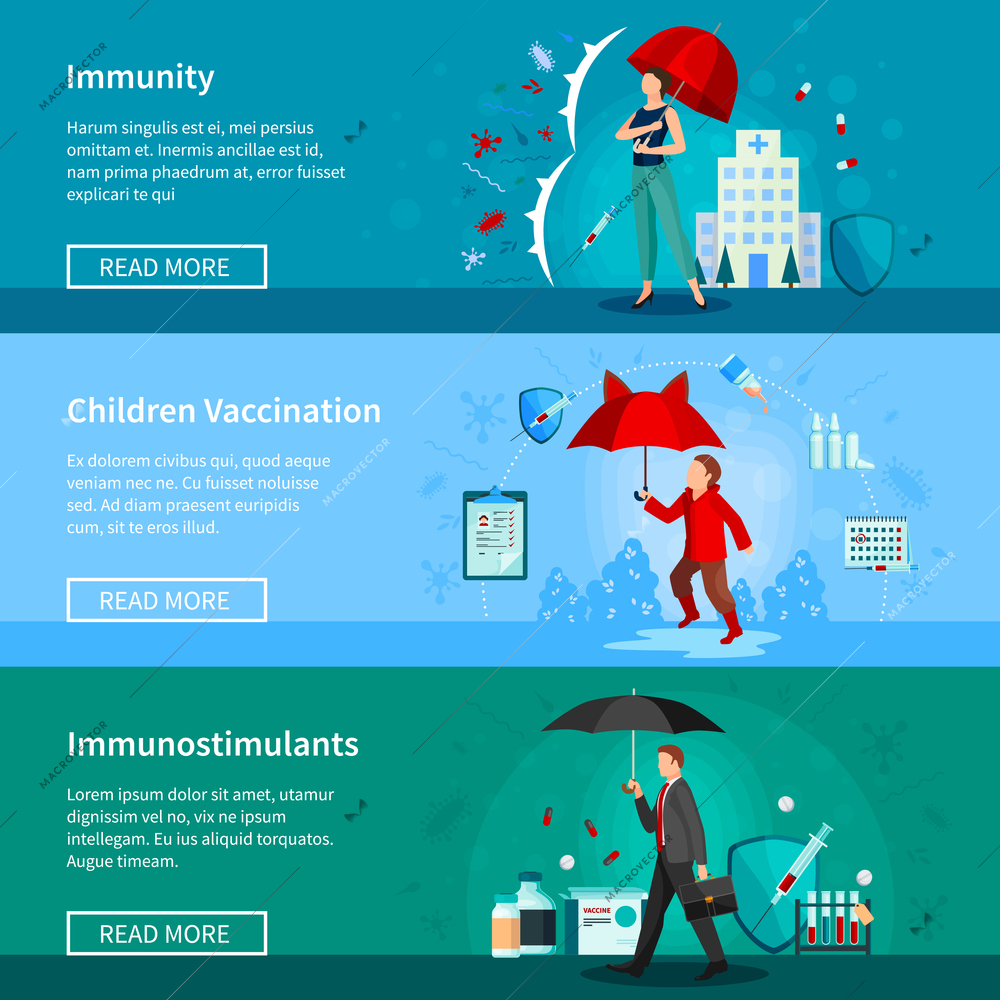 Set of horizontal banners with people under umbrellas immunity and medications children vaccination isolated vector illustration