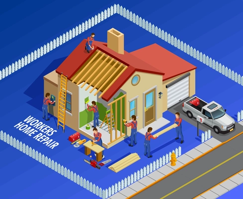 Repair works isometric template with house workers and different maintenance restoration on blue background vector illustration