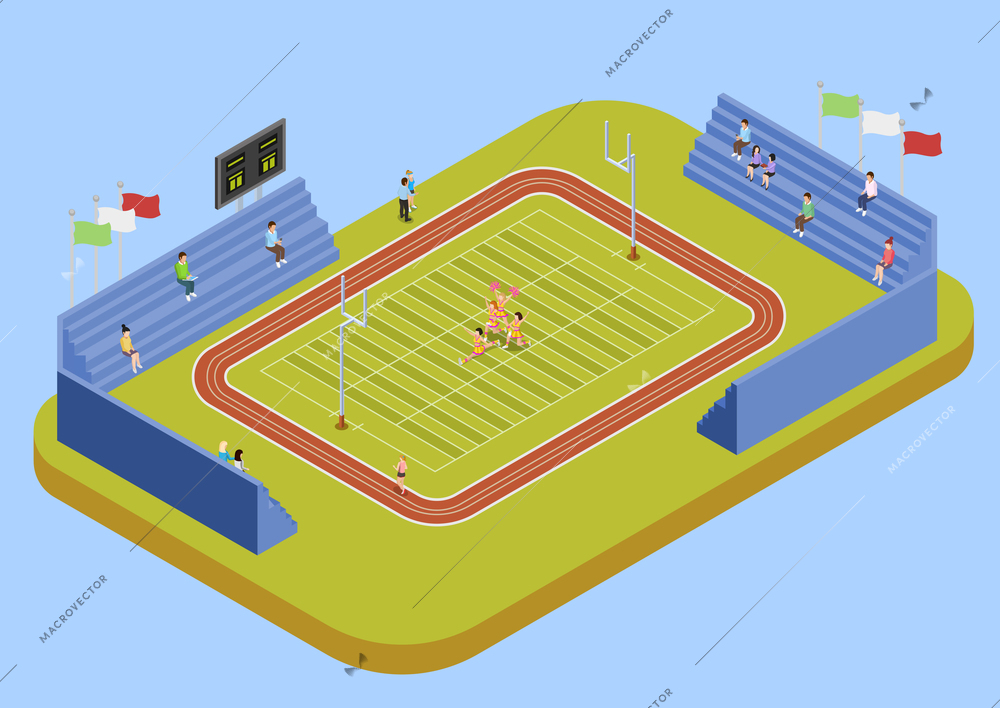 University sport complex american football stadium with public fans and cheerleaders performance isometric view poster vector Ilustration