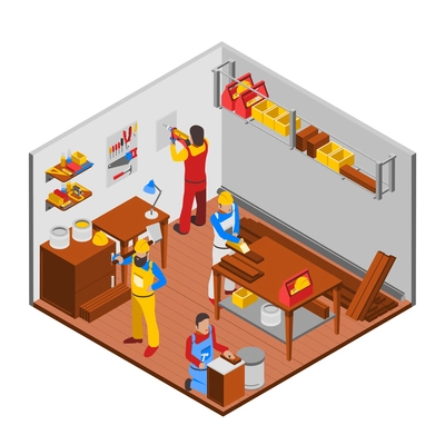 Woodwork workshop isometric concept with people equipment and workers vector illustration