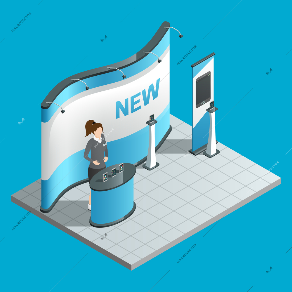 Exhibition isometric stand with female promoter and ad bilboard vector illustration