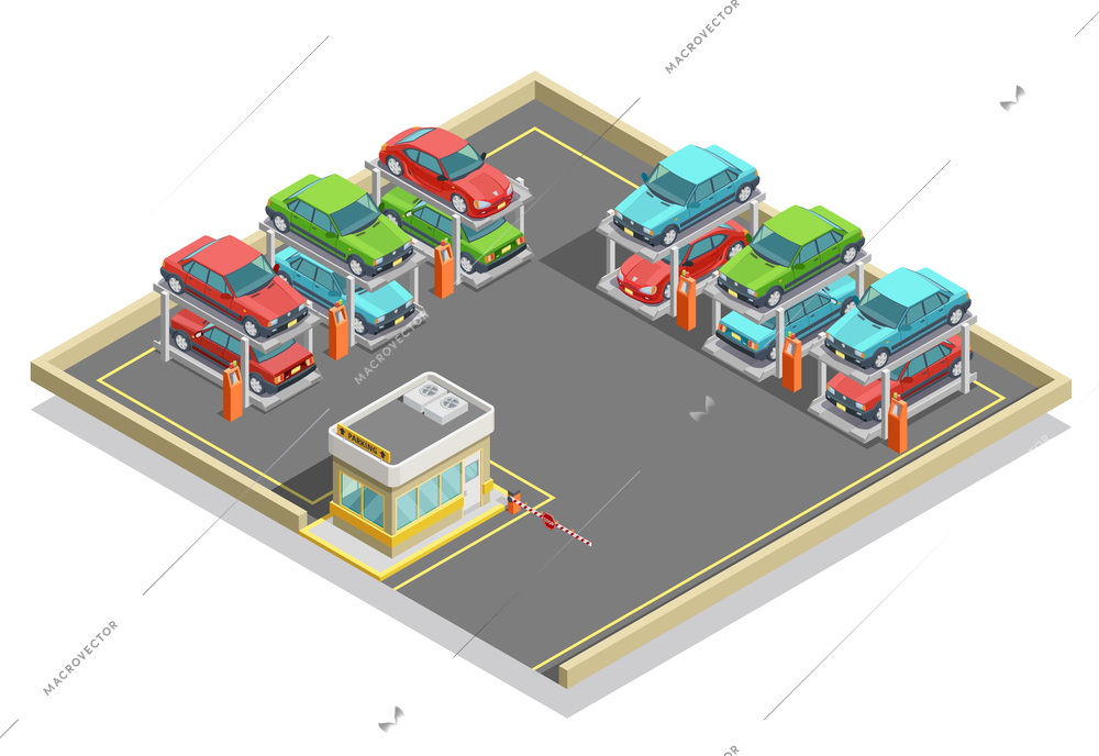 Automatic parking isometric concept with colorful cars positioning in two lines and stages vector illustration