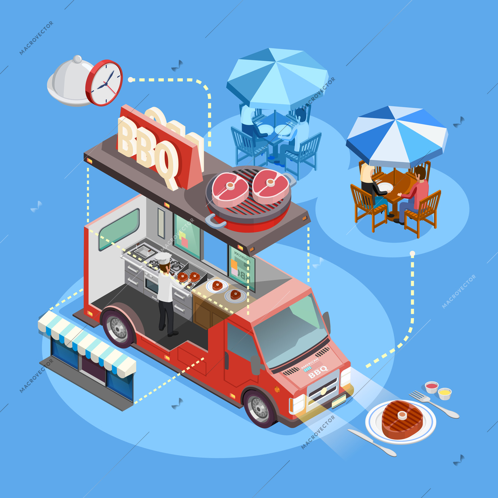 BBQ food truck interior with cooking owner menu and lunching customers isometric circle composition poster vector illustration