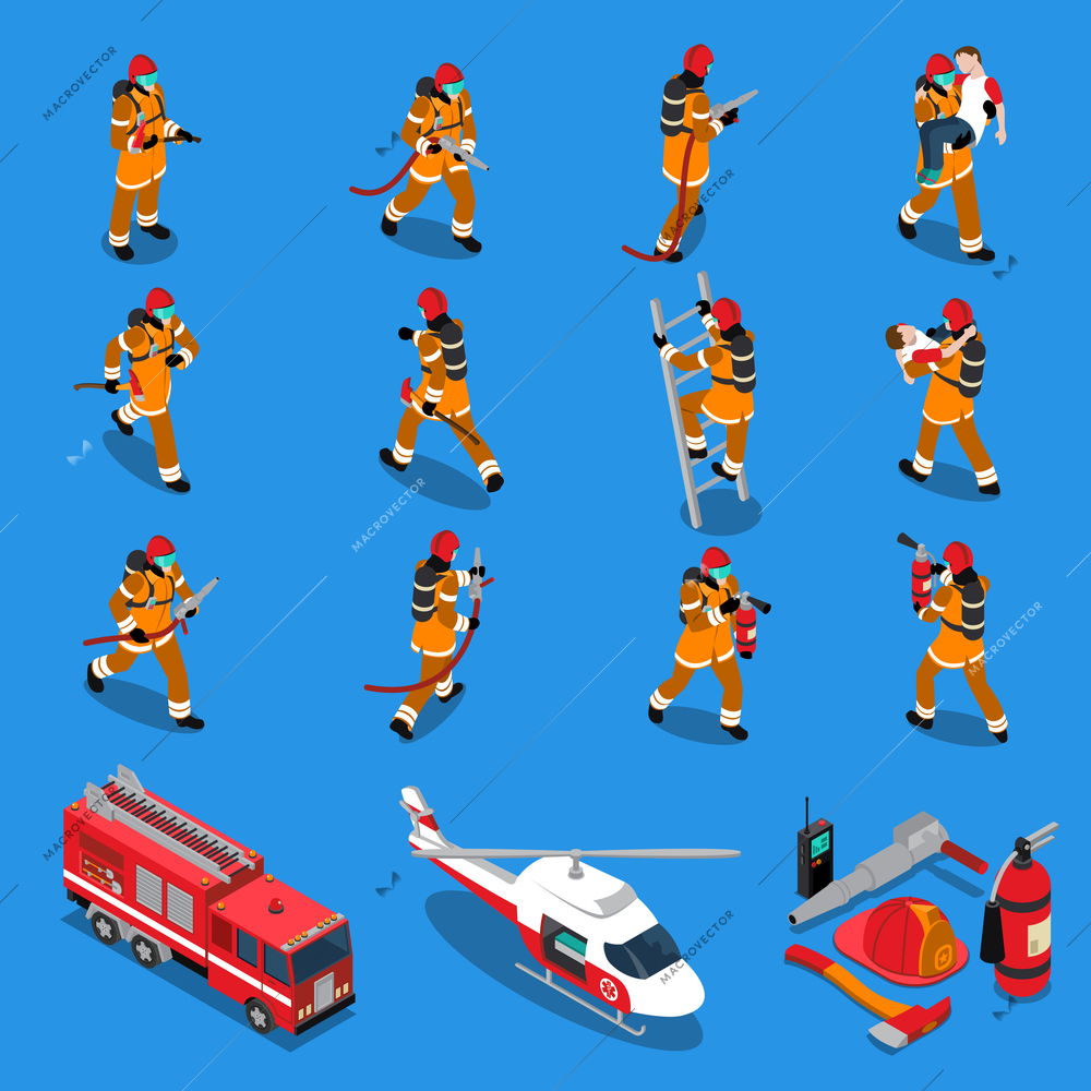 Fireman isometric set of firefighters in different situations truck helicopter extinguisher axe hose helmet isolated vector illustration