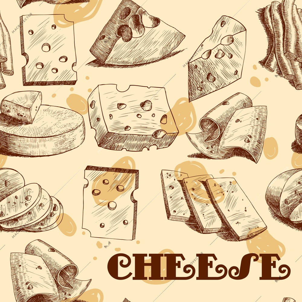 Cheddar parmesan cheese slices chunks and blocks assortment sketch seamless wallpaper vector illustration