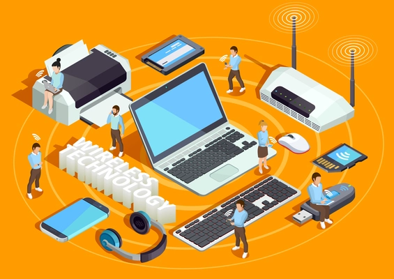 Wireless technology electronic devices isometric composition poster with laptop printer smartphone router and users orange background vector illustration