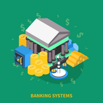 Banking systems financial isometric icons round composition with bank safe box bank scales coins gold vector illustration
