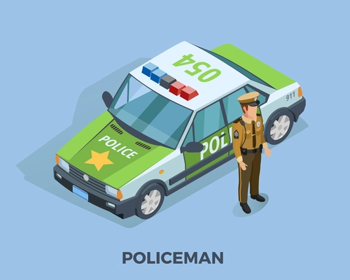 Police profession isometric template with policeman in uniform standing near car isolated vector illustration