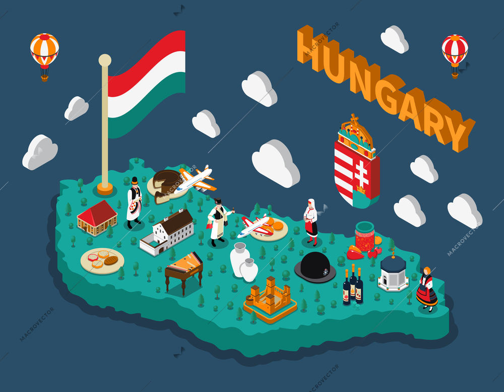 Hungary isometric touristic map with hungarian flag buildings dishes and people in national costumes vector illustration