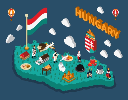 Hungary isometric touristic map with hungarian flag buildings dishes and people in national costumes vector illustration