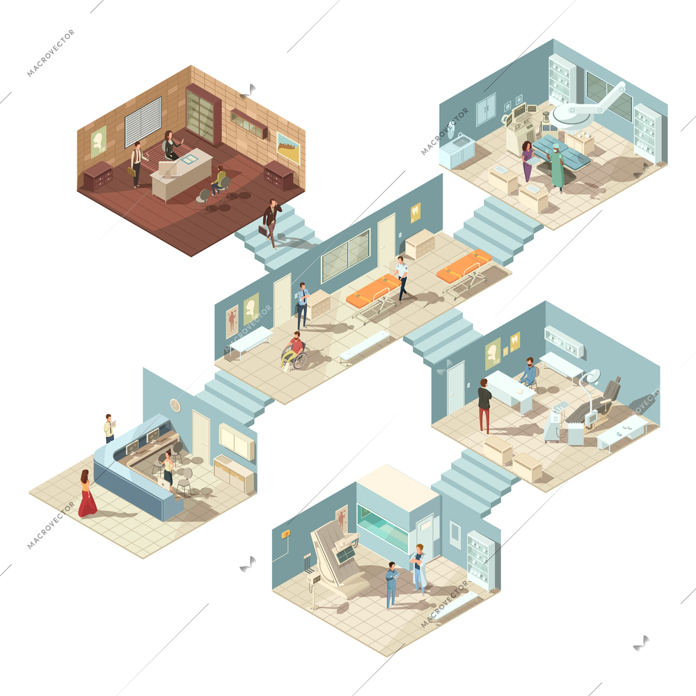 Isometric hospital building concept with doctors patients and equipment on white background vector illustration