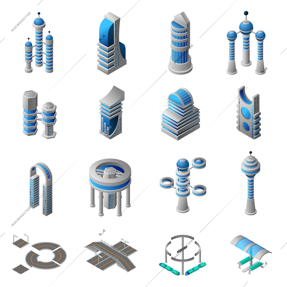 Future city isometric icons set of conceptual building of futuristic construction and architecture isolated vector illustration