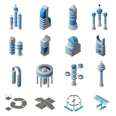 Future city isometric icons set of conceptual building of futuristic construction and architecture isolated vector illustration