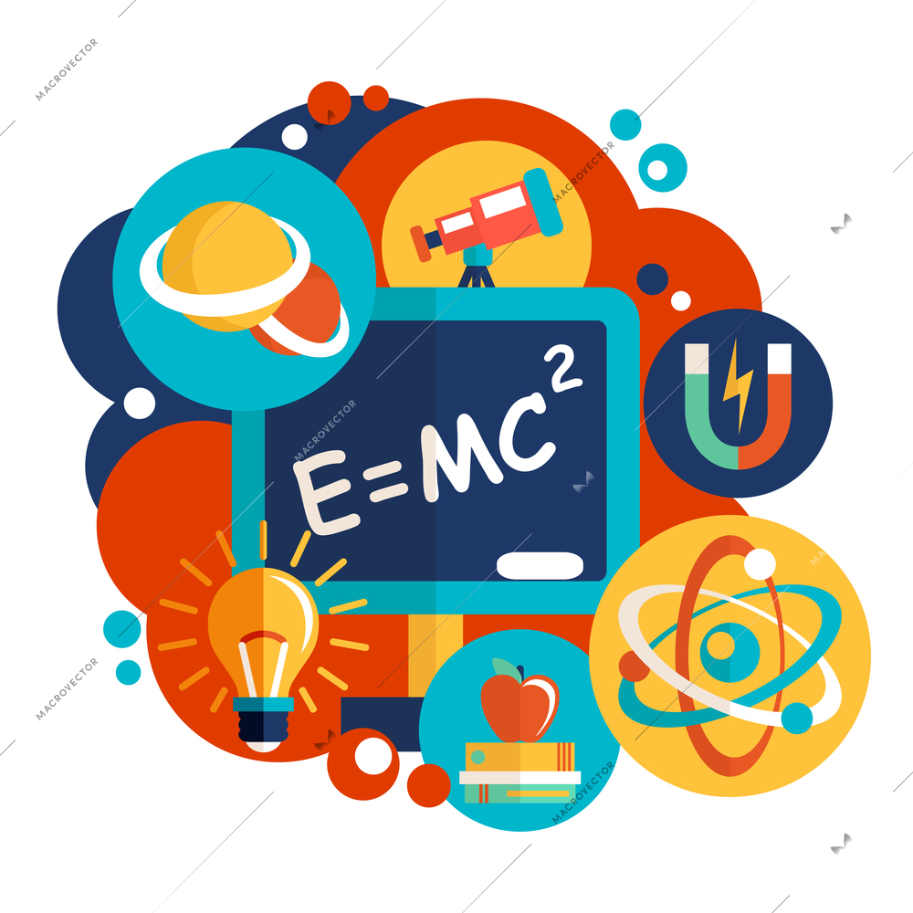 Physics science laboratory equipment flat design emblem vector illustration
