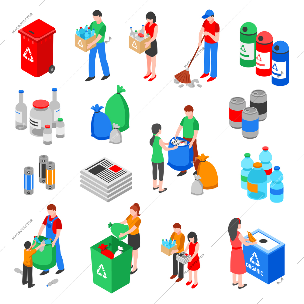 Garbage and plastic recycling isolated images set with isometric rubbish containers trash bins and people characters vector illustration