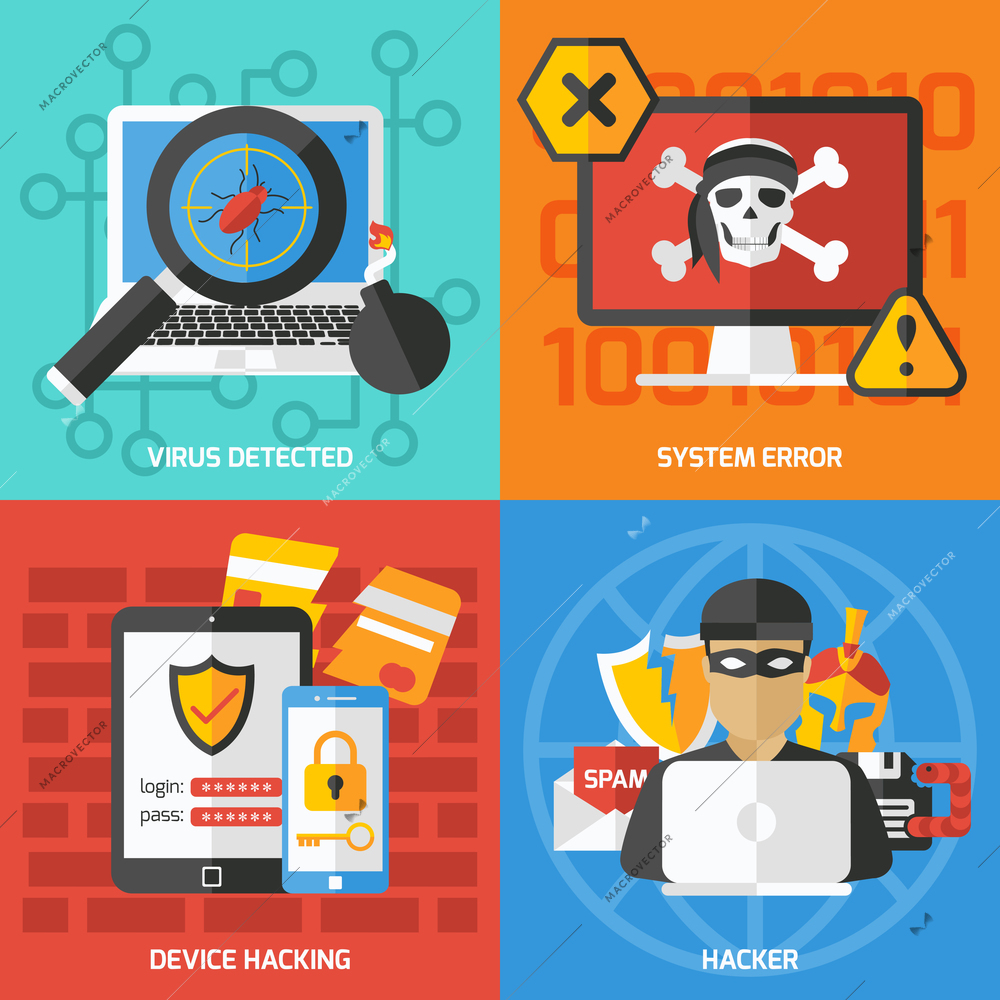 Four colorful hacking compositions with flat images and pictograms of gadgets viral protection and hacker character vector illustration