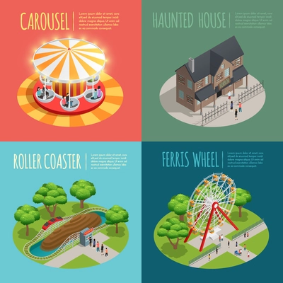 Amusement park concept icons set with haunted house and carousel symbols isometric isolated vector illustration