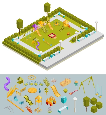 Colored 3d isometric playground composition with ready layout a landscaped playground and isolated elements at the bottom vector illustration