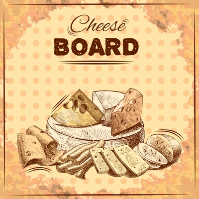 Cheese board poster with gourmet food fresh dairy product assortment vector illustration