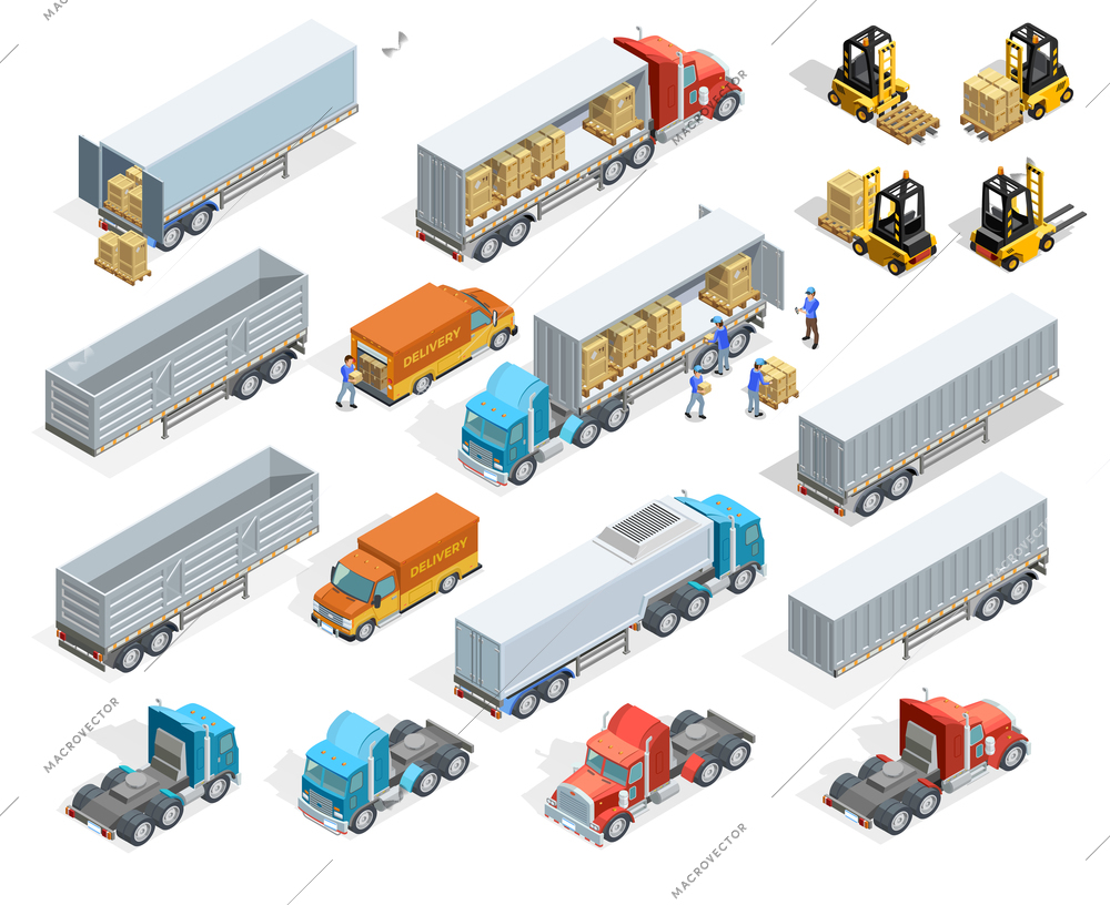 Transportation isometric elements set with loaded and empty trucks trailers boxes forklifts and workers isolated vector illustration