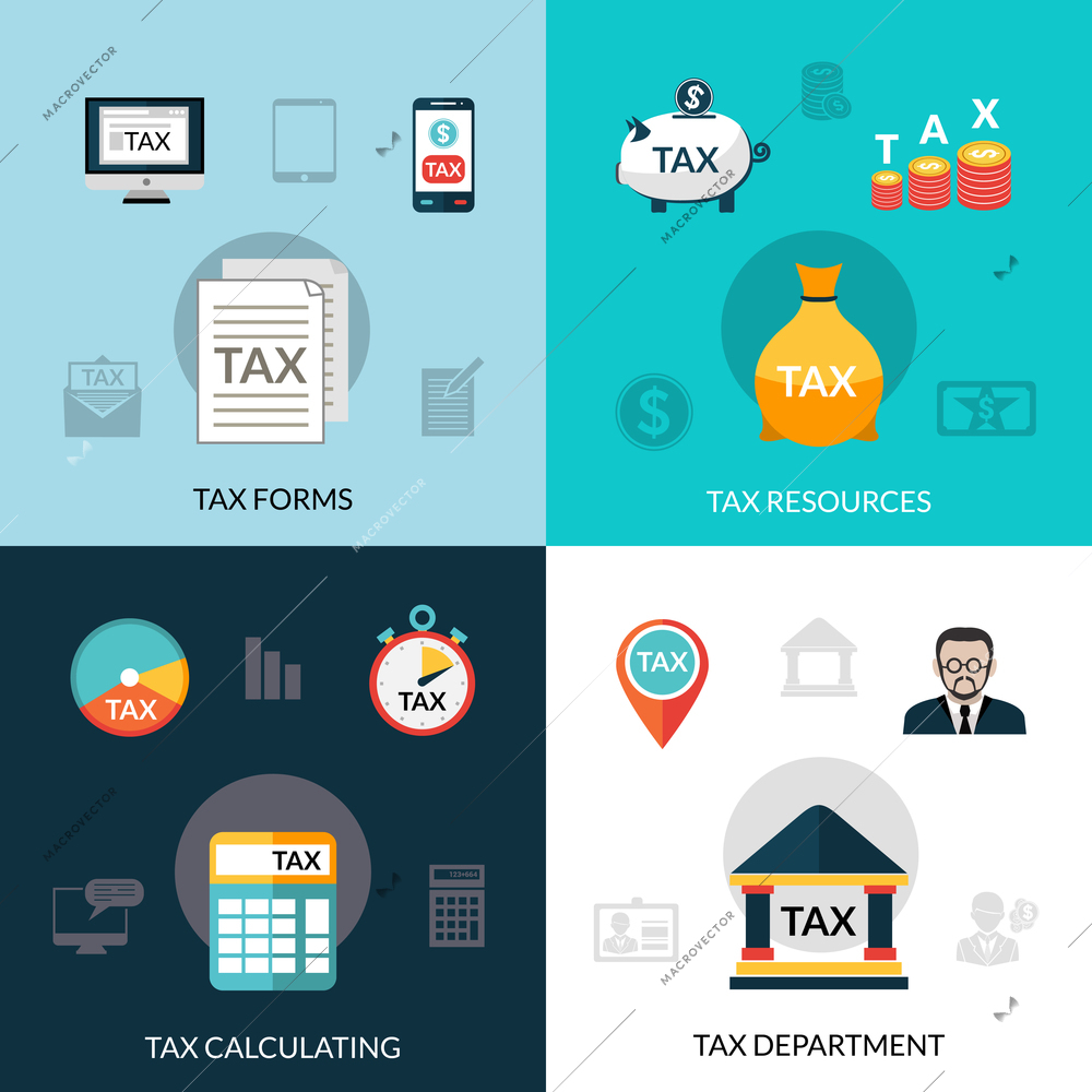 Tax design concept set with forms resources calculating flat icons isolated vector illustration