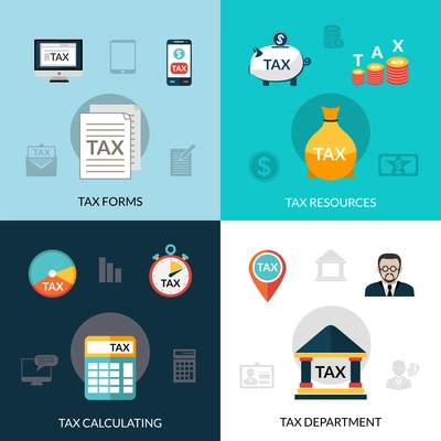 Tax design concept set with forms resources calculating flat icons isolated vector illustration