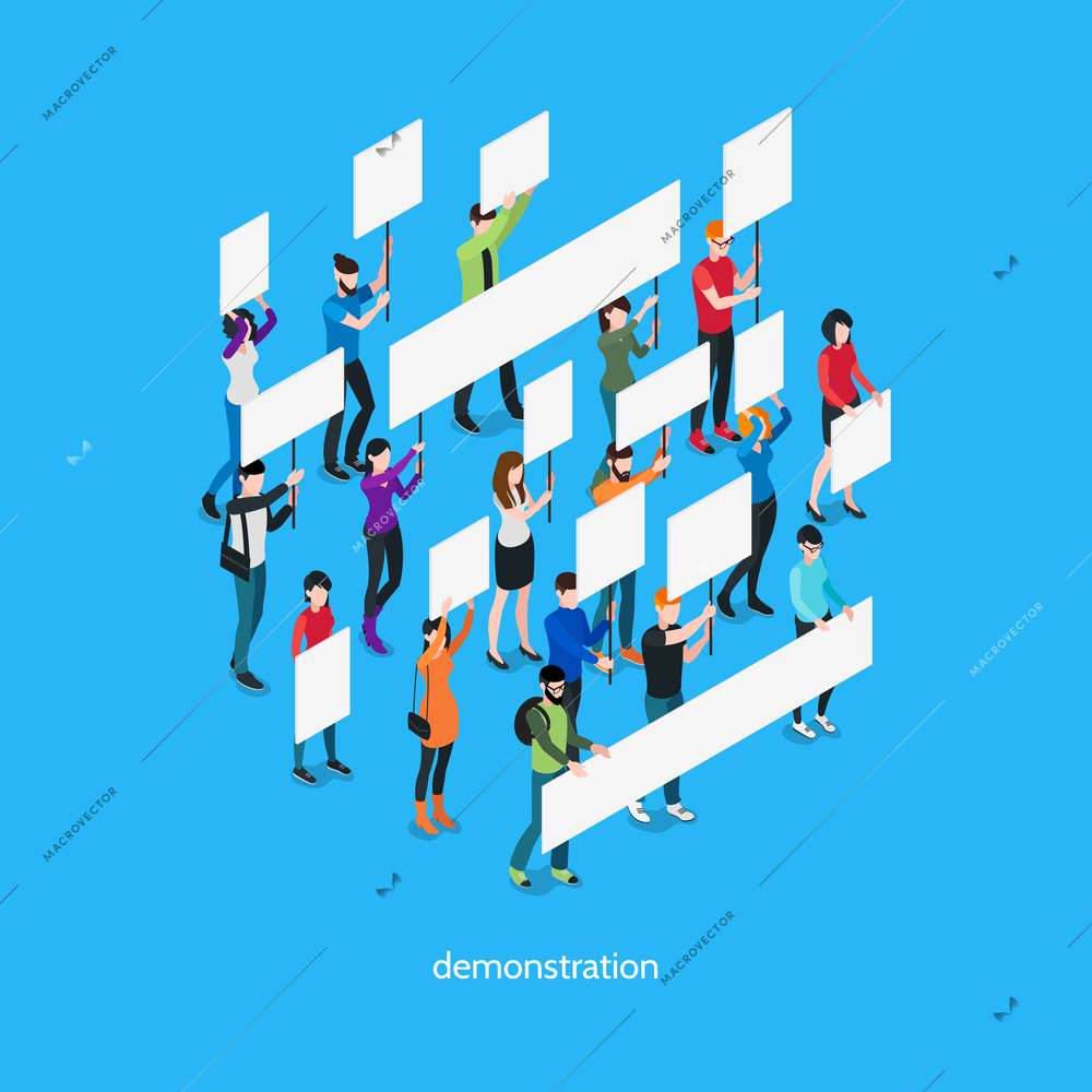 Demonstration isometric template with group of people holding placards and signboards isolated vector illustration