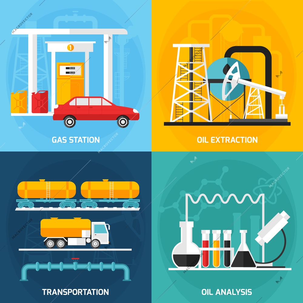 Four gas oil industry square compositions set with decorative icons representing petrol extraction analysis and transportation vector illustration