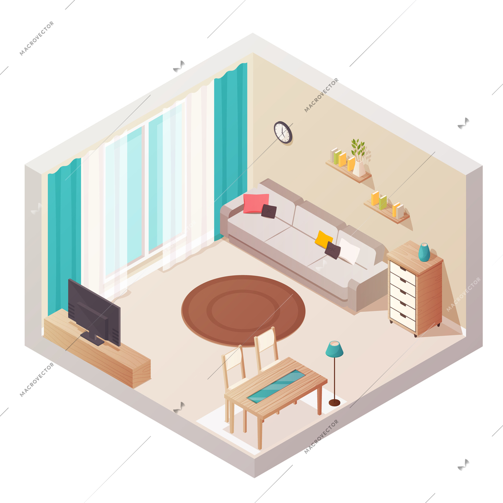 Sitting room isometric interior design composition with cumbersome objects lounge furniture window and books on shelves vector illustration