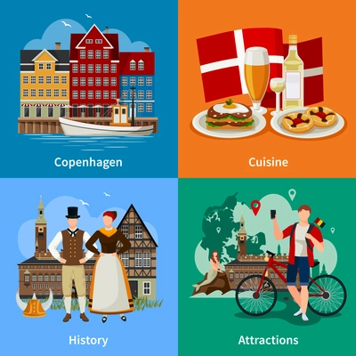 Denmark flat style concept with copenhagen traditional cuisine history and national clothing attractions isolated vector illustration