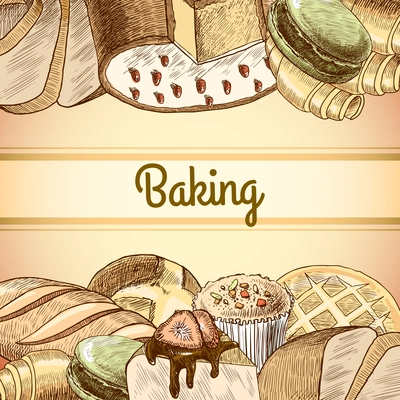 Baking pastry assortment  of dough bread and cakes food poster template vector illustration