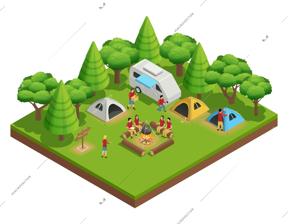 Hiking isometric composition with group of people who camped in the woods and sit around the campfire next to tents vector illustration