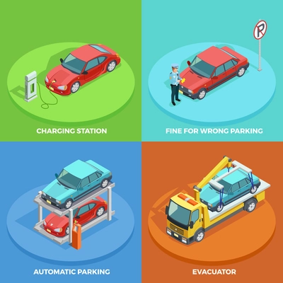 Parking isometric collection with cars stopped in right and wrong positions vector illustration