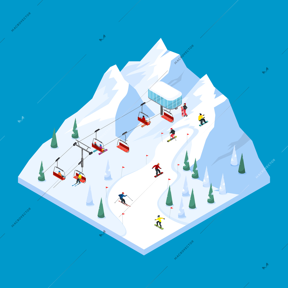 Ski lift isometric tiled landscape design with scaled down snowy mountain piste with pennants and skiers vector illustration