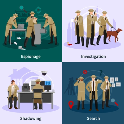 Spy flat concept with detectives dressed in brown coat and involving in different professional situations vector illustration