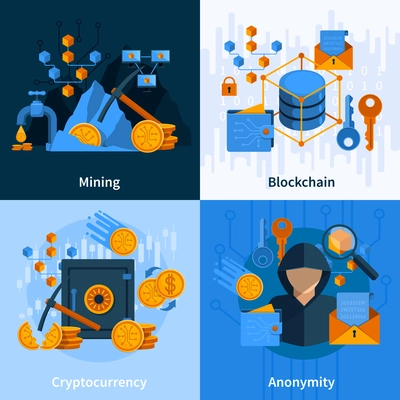Concept in flat style with virtual currency and block chain mining and anonymity isolated vector illustration