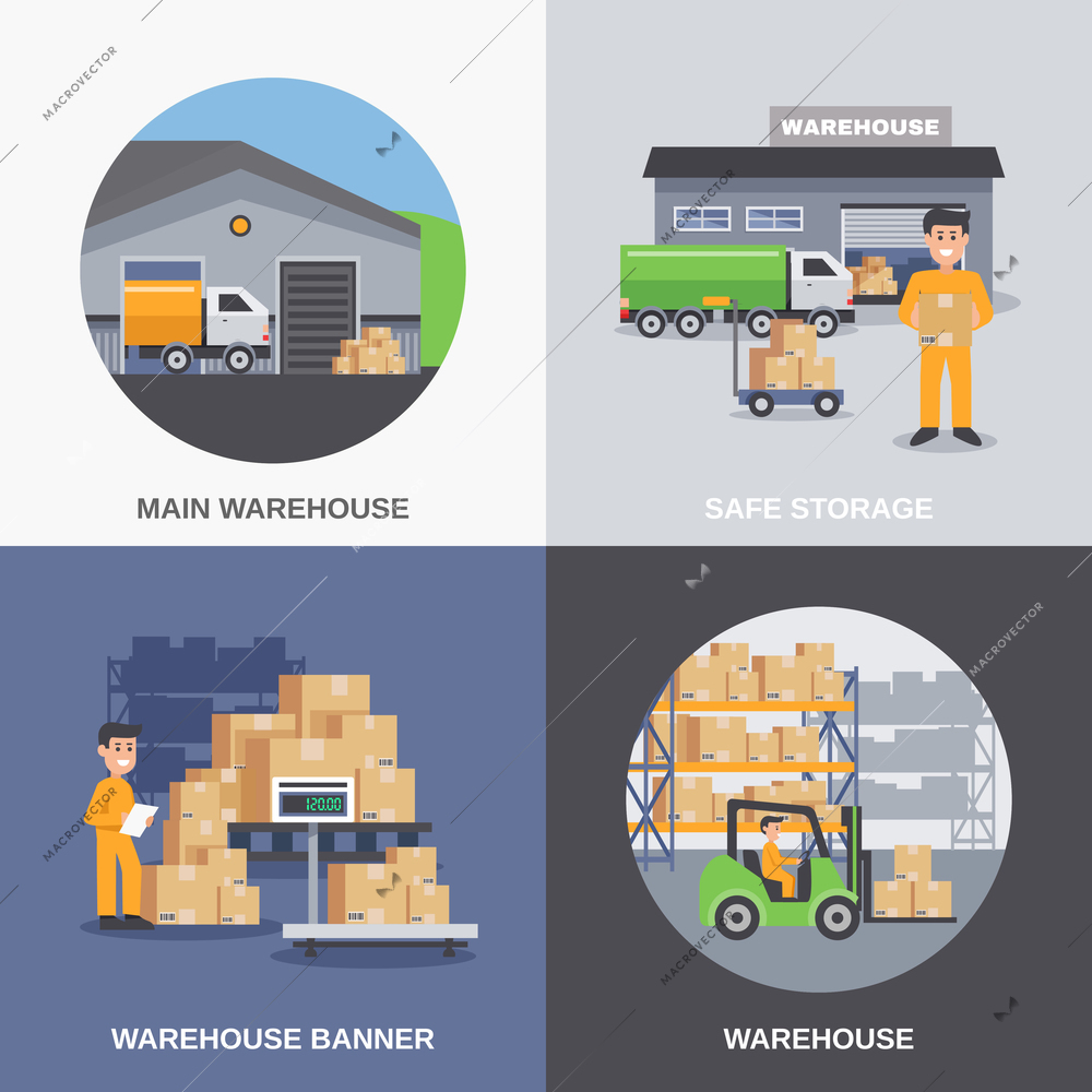 Warehouse 2x2 flat design concept with storage building and workers loading boxes by fork lifts vector illustration