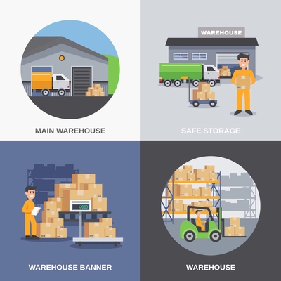 Warehouse 2x2 flat design concept with storage building and workers loading boxes by fork lifts vector illustration