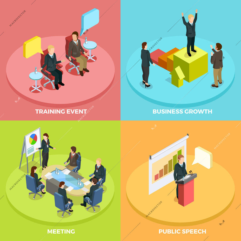 Business learning isometric concept with different ways of personal achievement development and coaching vector illustration