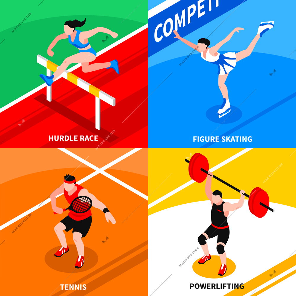 Sport isometric concept with athletes and sportsmen involving in summer and winter competition isolated vector illustration