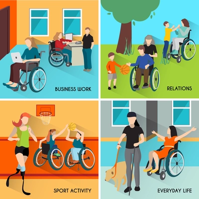 Disabled people icons set with wheelchair and sports symbols flat isolated vector illustration