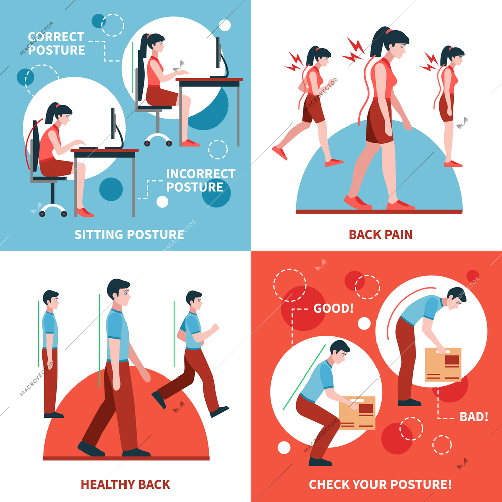 Correct and incorrect postures for healthy back and spine 2x2 design concept set flat isolated vector illustration