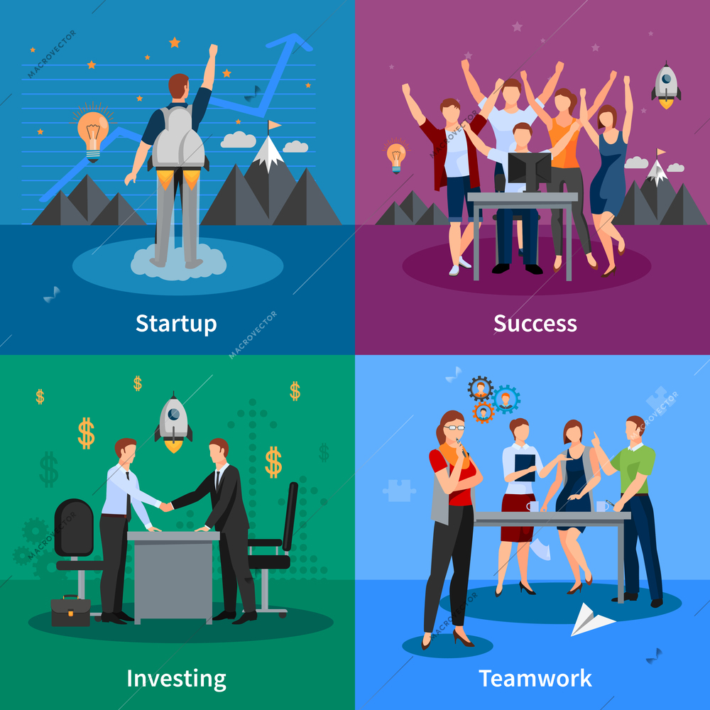 Successful startup concept 4 flat icons square poster with project investing and good teamwork isolated vector illustration