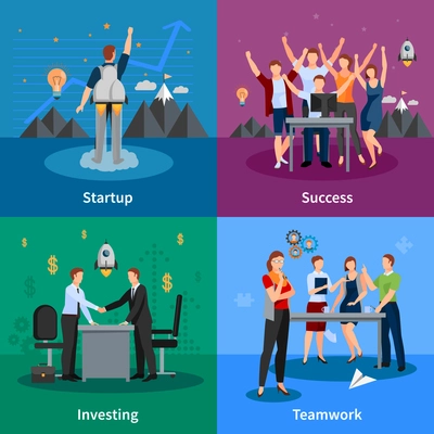 Successful startup concept 4 flat icons square poster with project investing and good teamwork isolated vector illustration