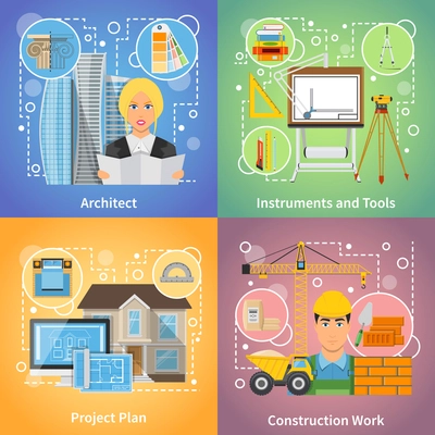 Architect 2x2 design concept set of project plan drafting tools and construction work icons compositions flat vector illustration