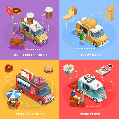 Street coffee snacks bread sushi and bbq food trucks 4 isometric icons square banner isolated vector illustration