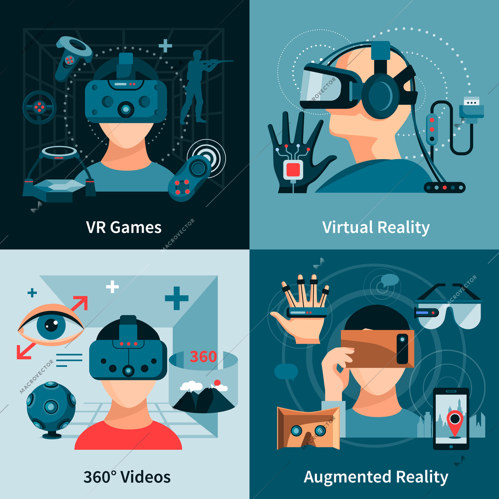 Virtual reality flat concept with people wearing optical innovative devices for real visualisation and simulation vector illustration